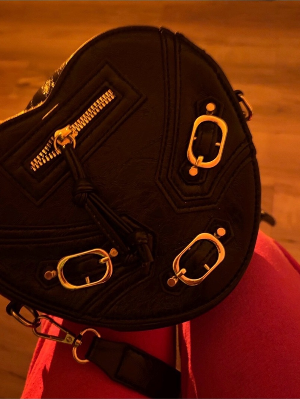 Black Heart-Shaped Crossbody Bag with Gold Hardware